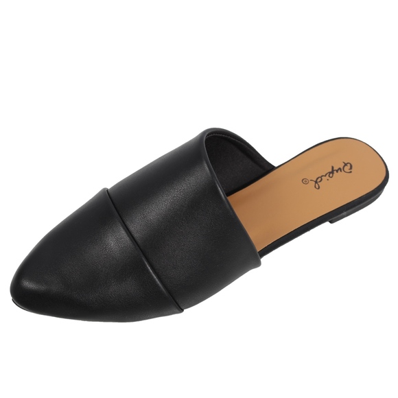 Black faux leather pointy toe slip on mules flat - Picture 5 of 7